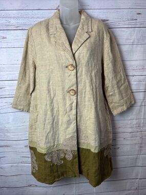 J Jill Duster Coat Jacket Linen Petite L Beige Embroidered Paisley Lined NWT